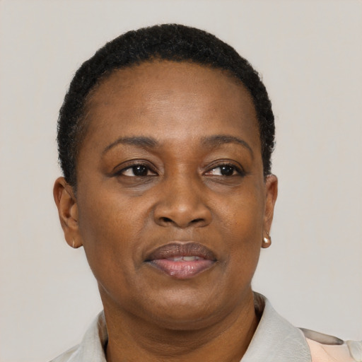 Neutral black adult female with short  brown hair and brown eyes