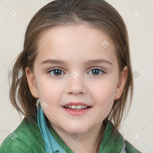 Joyful white child female with medium  brown hair and blue eyes