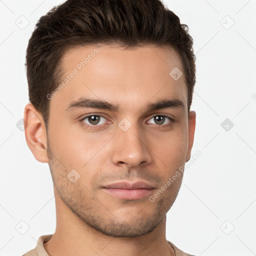 Neutral white young-adult male with short  brown hair and brown eyes