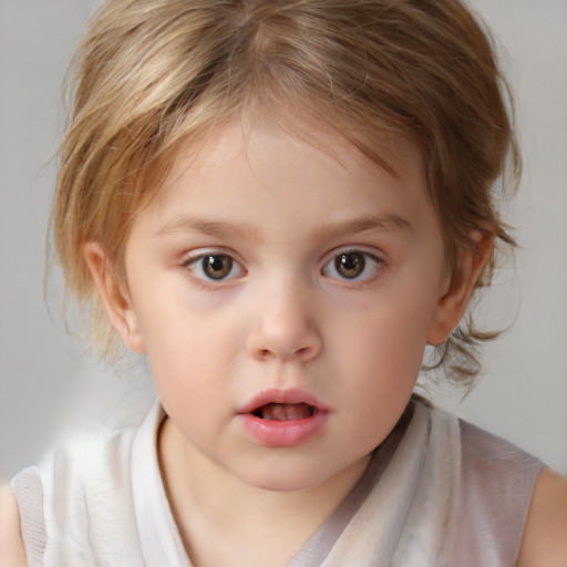 Neutral white child female with medium  brown hair and blue eyes