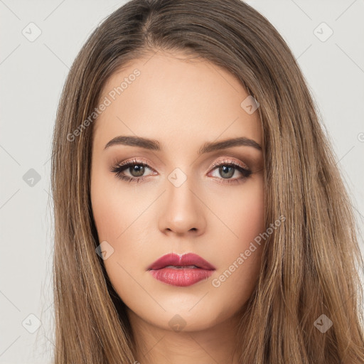 Neutral white young-adult female with long  brown hair and brown eyes