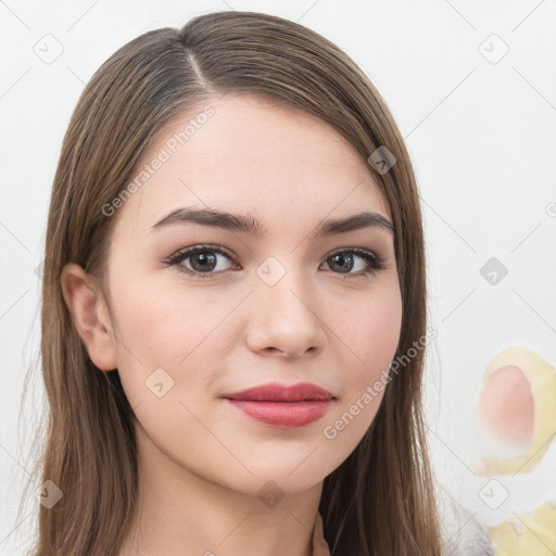 Neutral white young-adult female with long  brown hair and brown eyes