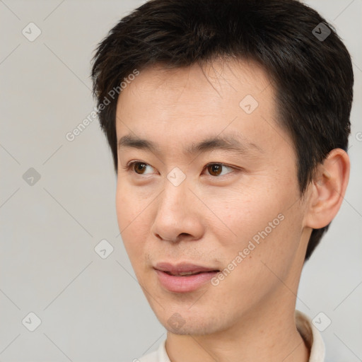 Neutral white young-adult male with short  brown hair and brown eyes