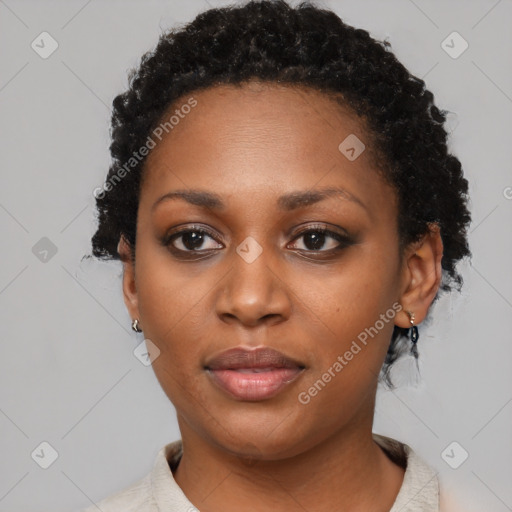 Neutral black young-adult female with short  black hair and brown eyes