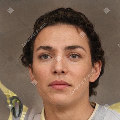 Neutral white young-adult female with short  brown hair and brown eyes