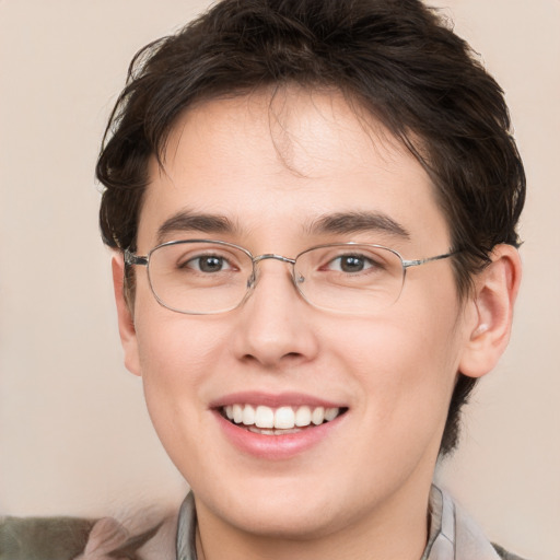 Joyful white young-adult male with medium  brown hair and brown eyes