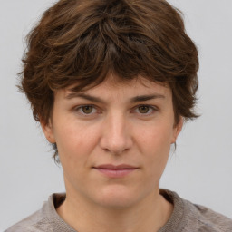 Neutral white young-adult female with short  brown hair and brown eyes