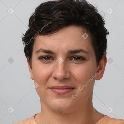 Joyful white young-adult female with short  brown hair and brown eyes