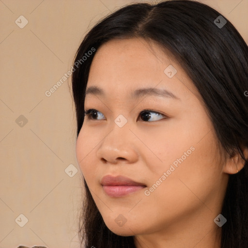 Neutral asian young-adult female with long  brown hair and brown eyes