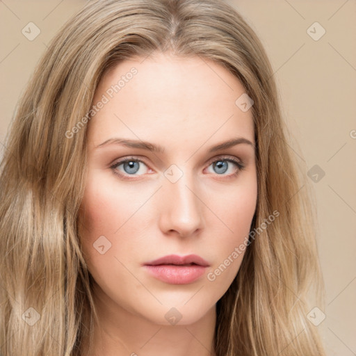 Neutral white young-adult female with long  brown hair and brown eyes