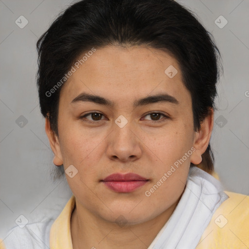 Joyful latino young-adult female with short  brown hair and brown eyes