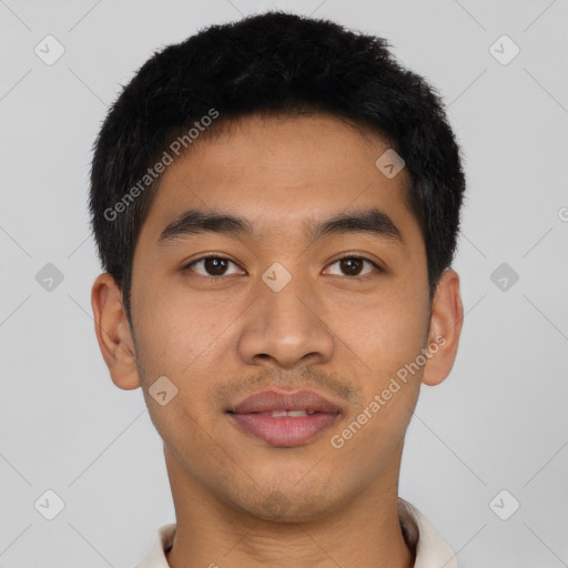 Joyful latino young-adult male with short  brown hair and brown eyes