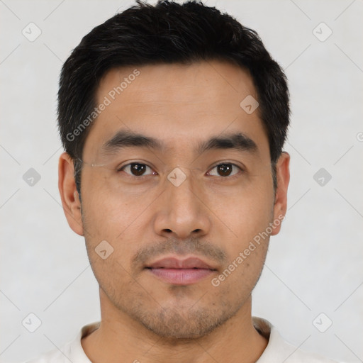 Neutral asian young-adult male with short  black hair and brown eyes