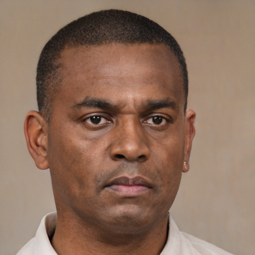 Neutral black adult male with short  black hair and brown eyes