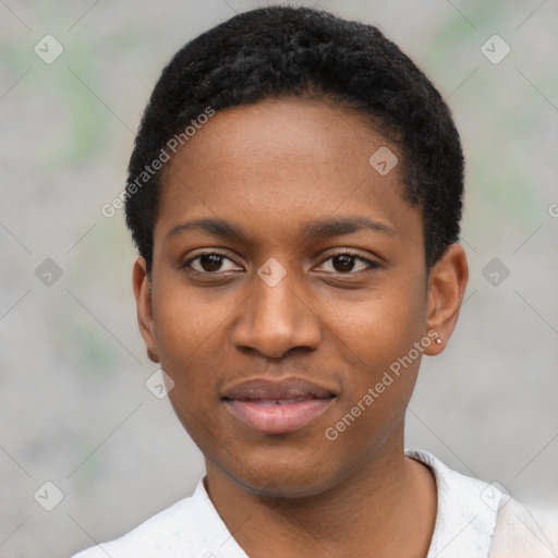 Joyful black young-adult female with short  black hair and brown eyes