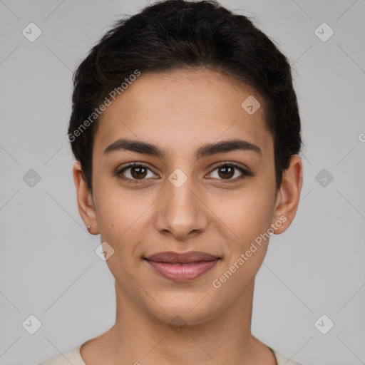 Joyful latino young-adult female with short  brown hair and brown eyes