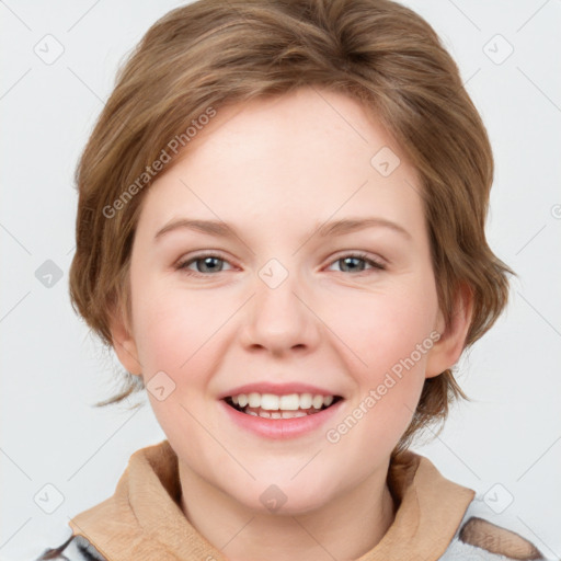 Joyful white young-adult female with medium  brown hair and blue eyes