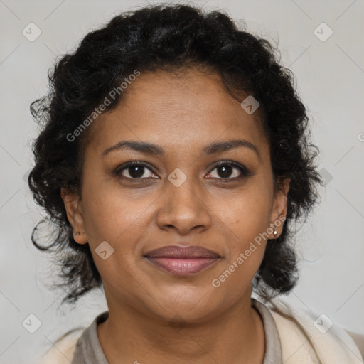 Joyful black young-adult female with long  brown hair and brown eyes