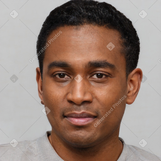 Neutral black young-adult male with short  black hair and brown eyes