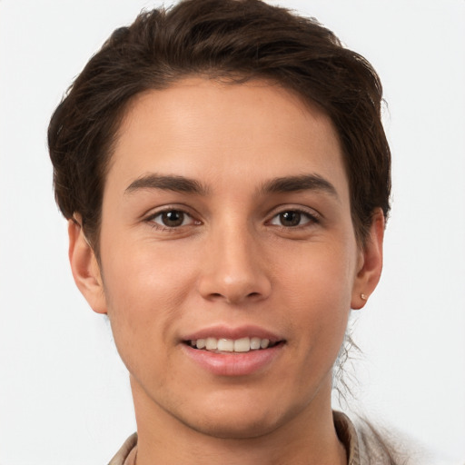 Joyful white young-adult female with short  brown hair and brown eyes