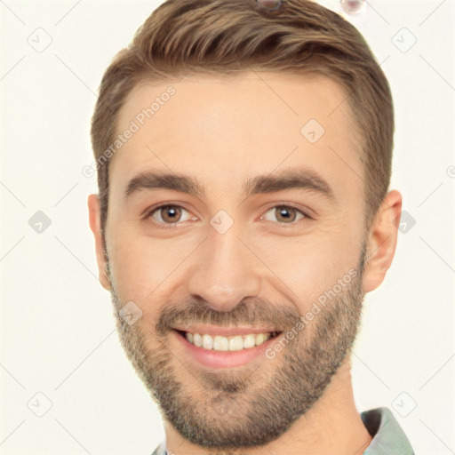 Joyful white young-adult male with short  brown hair and brown eyes