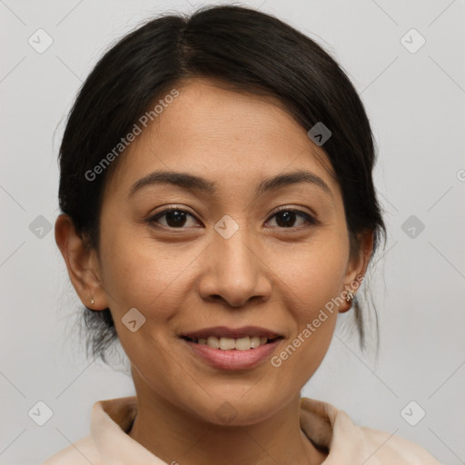 Joyful white young-adult female with medium  brown hair and brown eyes