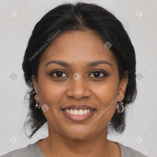 Joyful black young-adult female with medium  brown hair and brown eyes