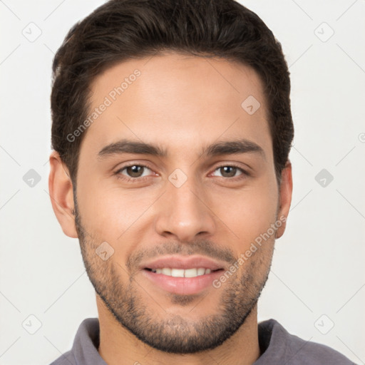 Joyful white young-adult male with short  brown hair and brown eyes