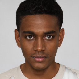 Neutral black young-adult male with short  black hair and brown eyes