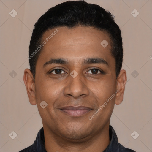 Joyful latino young-adult male with short  black hair and brown eyes