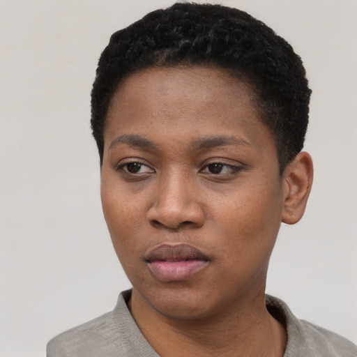 Neutral black young-adult female with short  black hair and brown eyes