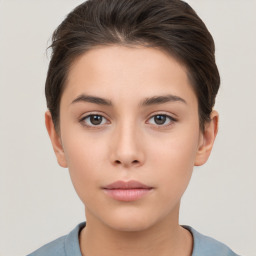 Neutral white young-adult female with short  brown hair and brown eyes