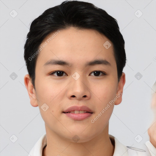 Neutral asian young-adult male with short  black hair and brown eyes