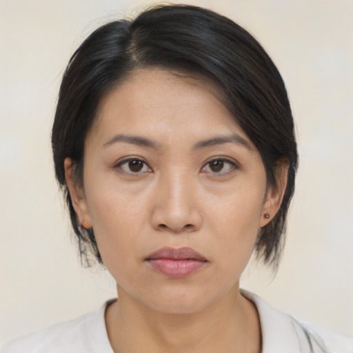 Neutral asian young-adult female with medium  brown hair and brown eyes