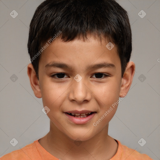 Joyful white child male with short  brown hair and brown eyes