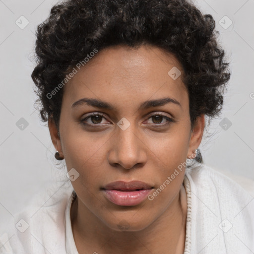 Joyful latino young-adult female with short  brown hair and brown eyes