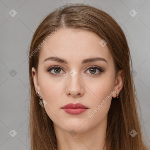 Neutral white young-adult female with long  brown hair and brown eyes