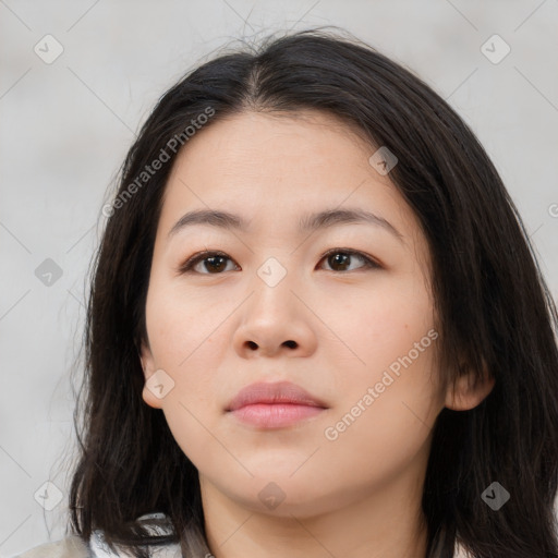 Neutral white young-adult female with long  brown hair and brown eyes