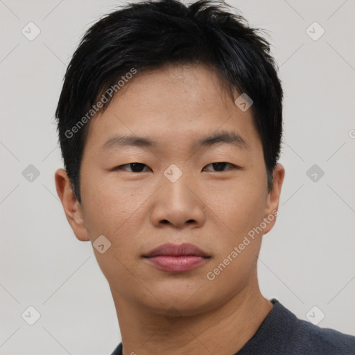 Neutral asian young-adult male with short  black hair and brown eyes