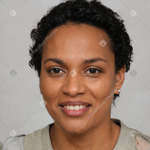 Joyful latino young-adult female with short  brown hair and brown eyes