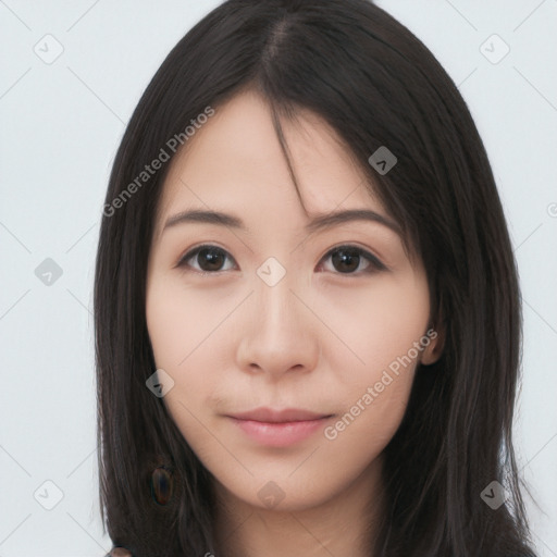 Neutral asian young-adult female with long  brown hair and brown eyes