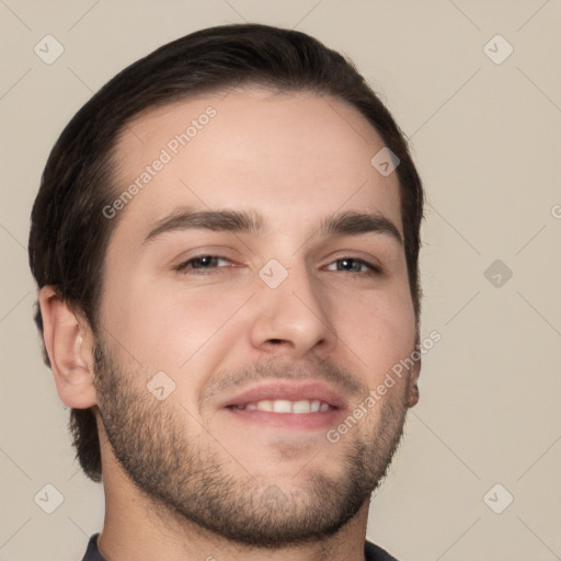 Neutral white young-adult male with short  brown hair and brown eyes