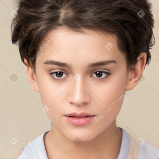 Neutral white young-adult female with short  brown hair and brown eyes