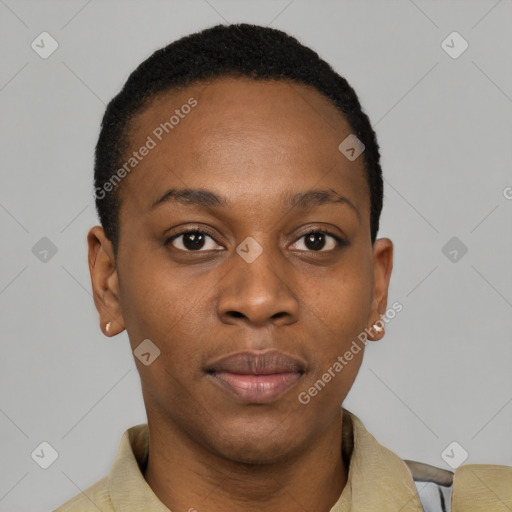 Neutral black young-adult female with short  brown hair and brown eyes