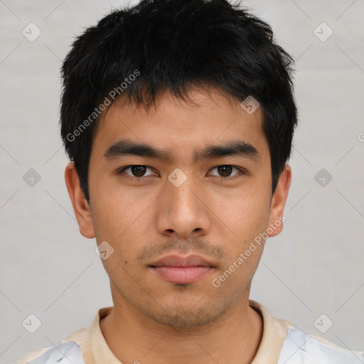 Neutral asian young-adult male with short  black hair and brown eyes
