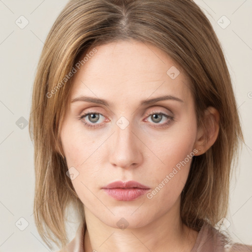 Neutral white young-adult female with medium  brown hair and grey eyes