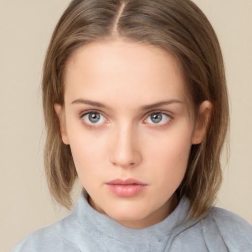 Neutral white young-adult female with medium  brown hair and brown eyes