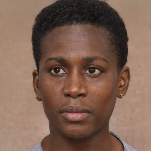 Neutral black young-adult female with short  black hair and brown eyes
