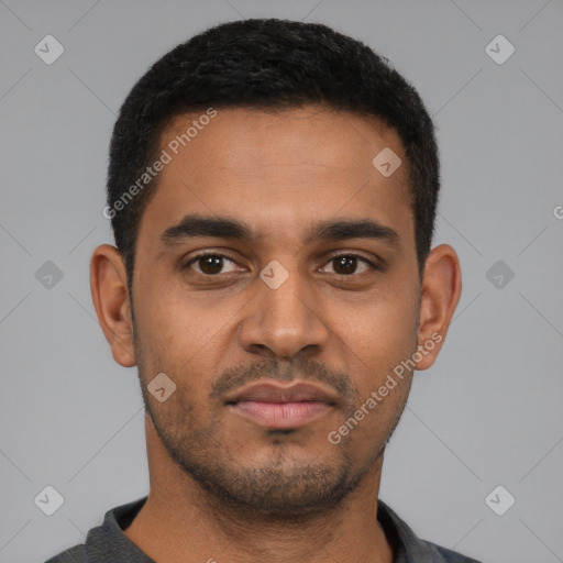 Neutral black young-adult male with short  black hair and brown eyes