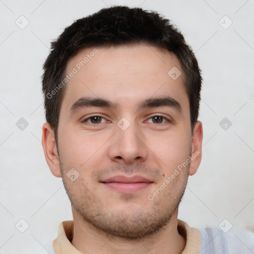 Neutral white young-adult male with short  brown hair and brown eyes